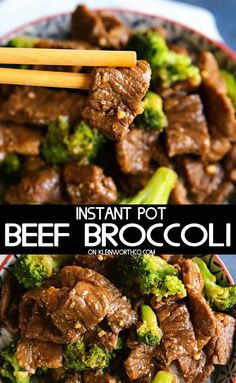 beef and broccoli stir fry in a bowl with chopsticks on top