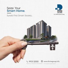 a hand holding a key to a building with the word smart home on it's side