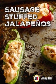 sausage stuffed jalapenos on a baking sheet with the title above it reads, sausage stuffed jalapenos