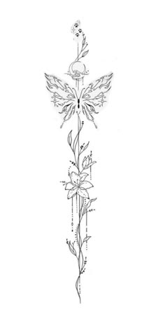 a drawing of a cross with flowers and leaves on the side, in black ink