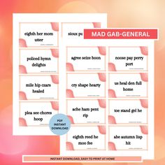 mad gab - general cards with the words mad gab - general