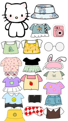 an image of hello kitty paper dolls with clothes and hats on it's head