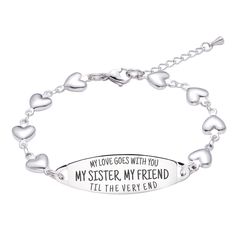 ♥ BEST GIFTS FOR GIRLS♥ - The engraved loving message "♥ My love goes with you til the very end.My sister,My Friend ♥" will not fade, with clearly visible. Good quality unique gifts on your behalfto her unique love,is a best cute matching bracelets for best friends♥ PERFECT SIZE:This Fashion Sister bracelets with Polished to a brilliant shine,measures 7 inches add 1.5 inches extender that secures with a lobster clasp. This length works great for just about all women! ♥PREMIUM QUALITY: linnalove Personalized Heart Bracelet For Best Friend Gift, Engraved Heart Bracelet For Valentine's Day Friendship, Engraved Heart Bracelet For Friendship On Valentine's Day, Cute Matching Bracelets, Matching Bracelets For Best Friends, Sister Bracelets, Bff Bracelets, Best Friend Bracelets, Cousin Gifts