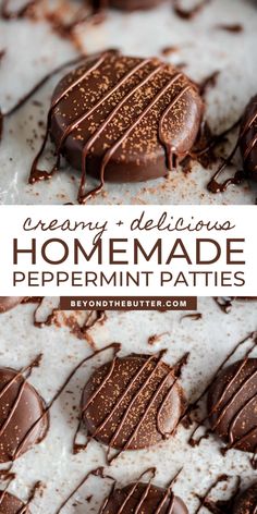 homemade chocolate peppermint patties on a white plate with text overlay that reads, creamy and delicious homemade peppermint patties