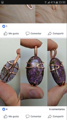 the instructions for how to make wire wrapped pendants with purple stone and copper wires