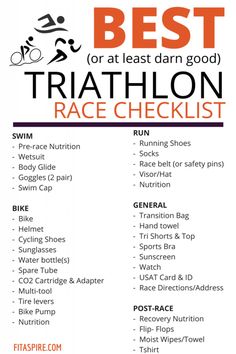 the best triathlon race checklist is shown in red and black, with an image of