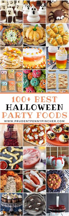 a collage of halloween party foods and desserts