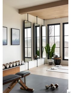 an empty room with mirrors, benches and potted plants on the floor in front of large windows