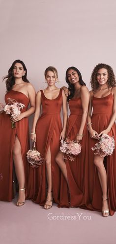 the bridesmaids are all wearing brown dresses