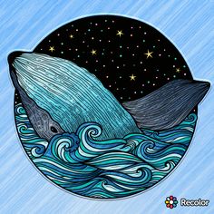 a drawing of a whale swimming in the ocean with stars and waves on it's back