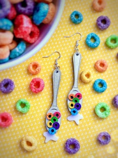 "The Spoon Full of Cereal Earrings features silver chrome, pink, blue, purple, green, orange, yellow, and white acrylics with engraved details. The earrings closure is sterling silver. All my designs are digitally created, laser cut, and then hand assembled.  Measurements: Length: 3\" Width: 1/2\" Please keep in mind that all earrings are made to order and processing time can be from 7-10 days, sometimes less depending on the workload.  Instagram: SunshineFunshop Follow my account for fun behind Cereal Earrings, Chrome Pink, Interesting Images, Modern Tattoos, Silver Chrome, Clay Jewelry Diy