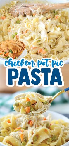 chicken pot pie pasta in a white bowl with a spoon