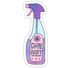 a pink and purple spray bottle sticker with the words love mist on it's side