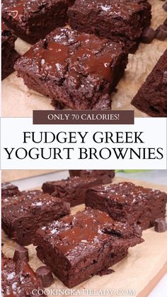 chocolate fudgey greek yogurt brownies on a cutting board with text overlay