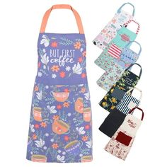 six aprons with different designs on them and one has the words but first coffee