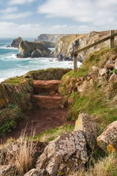 a rocky path leading to the ocean with cliffs in the background