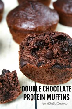 double chocolate protein muffins with text overlay