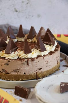 a cake with chocolate and cream frosting on a plate