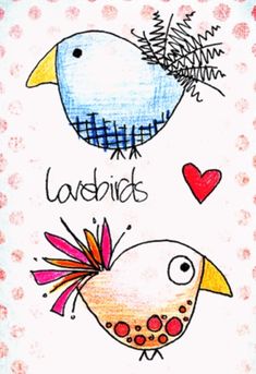 a drawing of two birds with hearts and words on the front, one bird has its beak