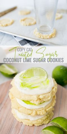 coconut lime sugar cookies are stacked on top of each other