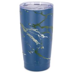 a blue tumbler cup with green and white paint splattered on the side