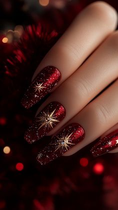 Experience luxury with deep velvet red Christmas nails, gold foil detailing, and rhinestones for an elegant and festive holiday manicure. Dark Red Gold Nails, Subtle New Years Nails, New Year Nails Design 2025, Christmas Nails Gold And Red, Dark Red Nails With Gold, Red And Golden Nails, New Years Nails Almond, Christmas Nails Gold, Red And Gold Nail Designs