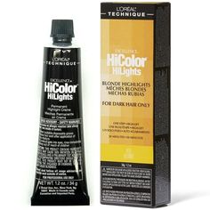 L'Oreal Excellence HiColor HiLights - Blonde Highlights for Dark Hair Only 1.2 oz • Breakthrough technology lifts hair 3-4 levels • Quick processing time of only 30 minutes • True-to-shade color that resists fading • Available in 3 Hi-lift blonde shades • No pre-lightening required Blonde Hilights, Highlights For Dark Hair, Blonde Shades, Wella Color Charm, Barber Supplies, Dark Hair With Highlights, Wella Color, Hair Brands, Shades Of Blonde