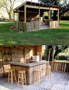 an outdoor bar made out of pallets and wood with stools on the outside