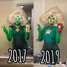 two pictures of the same woman in costume