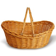 a wicker basket with handles on a white background