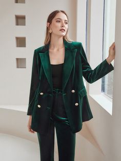 Dark Green Elegant Collar Long Sleeve Flannelette Plain Regular Embellished Slight Stretch Fall Women Clothing Green Suit Women, Double Blazer, Dark Green Blazer, Green Velvet Blazer, Green Velvet Dress, Green Suit, Green Blazer, Summer Chic, Velvet Blazer