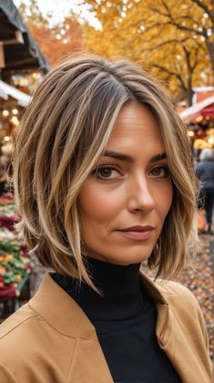 Short Bob Colour Ideas, Fall Blonde Color Ideas, Fall Hair Styles Short, 2024 Trendy Hairstyles, Blond Highlights On Short Hair, Brown And Blonde Highlights Short Hair, Fall Highlights For Brown Hair Short, Fall Hair Short Bob, Short Balayage Bob