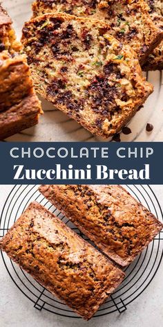 chocolate chip zucchini bread on a wire rack with text overlay that reads chocolate chip zucchini bread