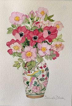 a painting of pink flowers in a vase