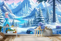 a frozen princess wall mural in a child's room with snow covered mountains and trees