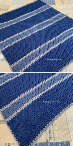 two pictures of blue and white crocheted rugs