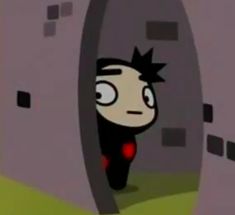 an animated image of a person walking out of a tunnel with his head in the ground