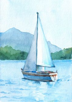 a watercolor painting of a sailboat on a lake with mountains in the background