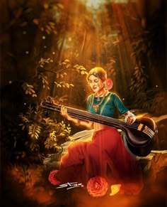 a painting of a woman sitting on a rock with a guitar in her hand and flowers around her neck