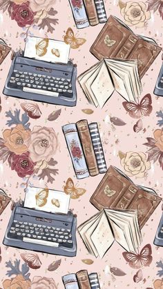 an old fashioned typewriter surrounded by books and flowers on a pink background with butterflies