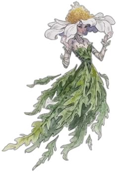 a drawing of a woman in a green dress