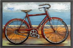 a painting of a red bike with a blue sky in the background and sand on the ground