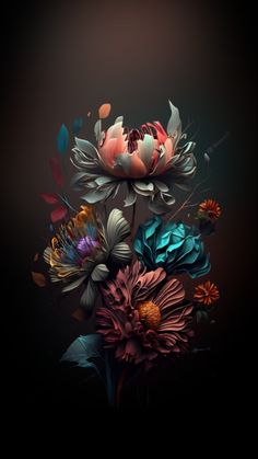 a bunch of flowers that are in the dark