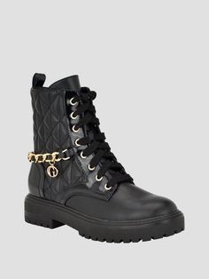 Moto boots Quilted design Mixed chain strap detail at the back Lug sole Lace-up designSide zip closure Material: Synthetic Black Moto Boots, Moto Boots, Lug Sole, Lifestyle Brand, Boot Shoes Women, Lifestyle Brands, Quilting Designs, Chain Strap, Stylish Women