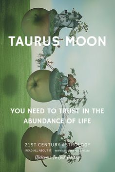 an advertisement for taurus moon with two apples on the top and one in the middle