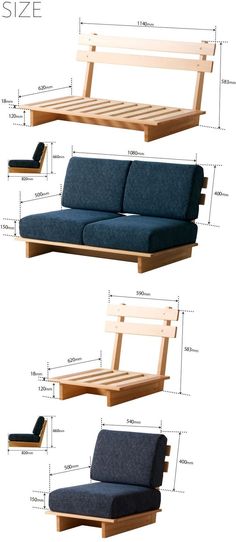 three different types of couches with the names on them and measurements for each one