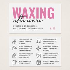 Pink Modern Waxing Aftercare Card Hair Removal | Zazzle Waxing Business Cards, Waxing Business, Waxing Aftercare, Business Cards Ideas, Waxing Room, Esthetician Inspiration, Esthetician Quotes, Wax Studio, Waxing Tips