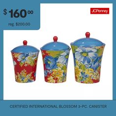 three vases with flowers painted on them and the price is $ 120 00 reg $ 200 00