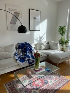 a living room filled with furniture and a glass table on top of a wooden floor