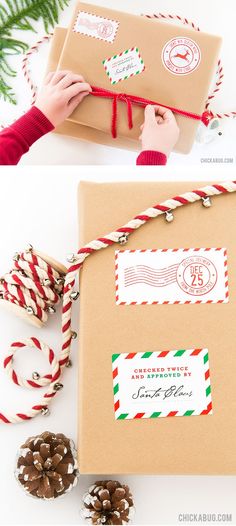 christmas wrapping with twine and candy canes on the side, two pictures showing how to wrap presents